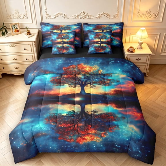 Homewish Tree Of Life Botanical Art 7-Piece Twin Bedding,Watercolor Gradient Bedding Comforter Set,Black Reversible
