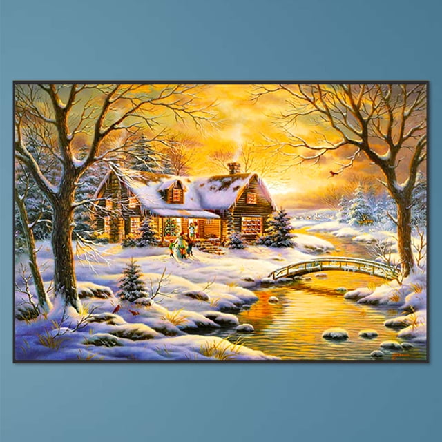 Pintura de diamante 5D DIY Taladro redondo completo Escena nevada al atardecer Decoración del hogar Hugtrwg Para estrenar