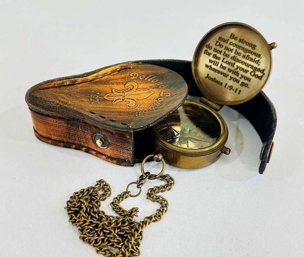 Antique Chain Compass for Hiking Nautical Brass Pocket with Engraved On Leather Case
