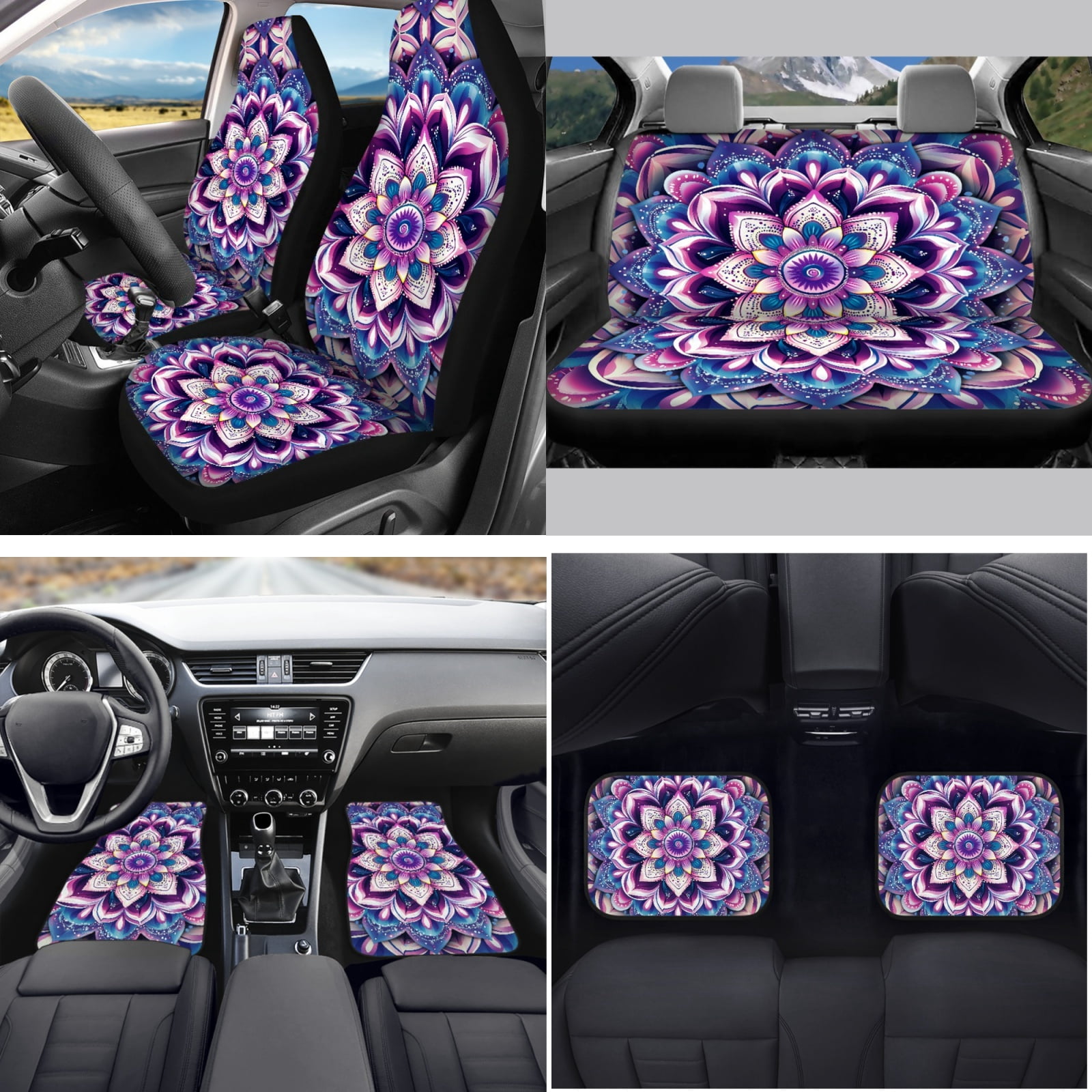 Yuyamidu 15 Pack Boho Flower Blossom Car Seat Cover Set with Carpet Mats Purple Steering Wheel Cover Seat Belt Strap Cover Coaster Gear Shift Knob Cover Set Fit SUV Sedan
