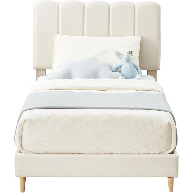Historyli Estructura de cama individual con cabecero,listones de madera silenciosos,plataforma sin somier,fácil montaje para apartamentos,color blanco cordero.