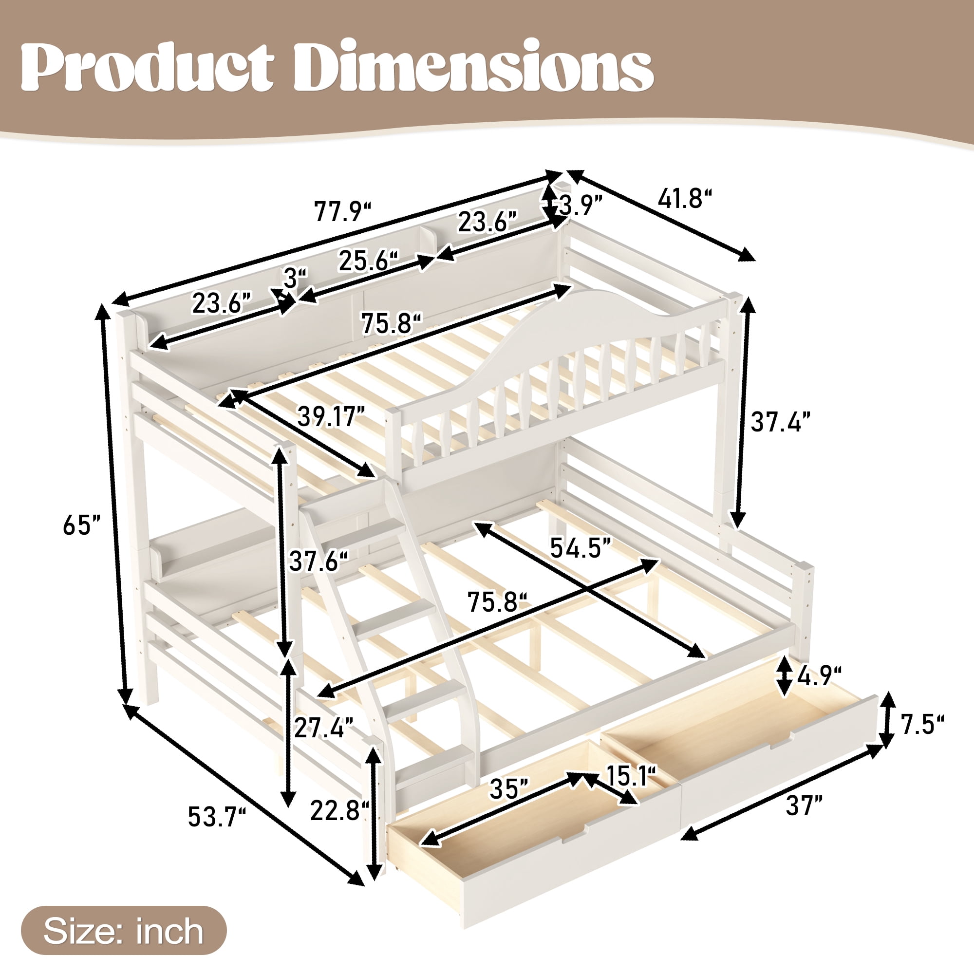 Leumius Twin over Full Bunk Bed with Storage Drawers, Chic Curved Guardrail & Side Storage Shelves, Bunk Bed Frame with Ladder Beige