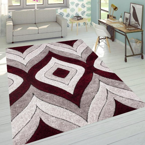 Plush Fluffy Shine 3D Geometric Diamond Red Silver Shag Area Rug/Carpet