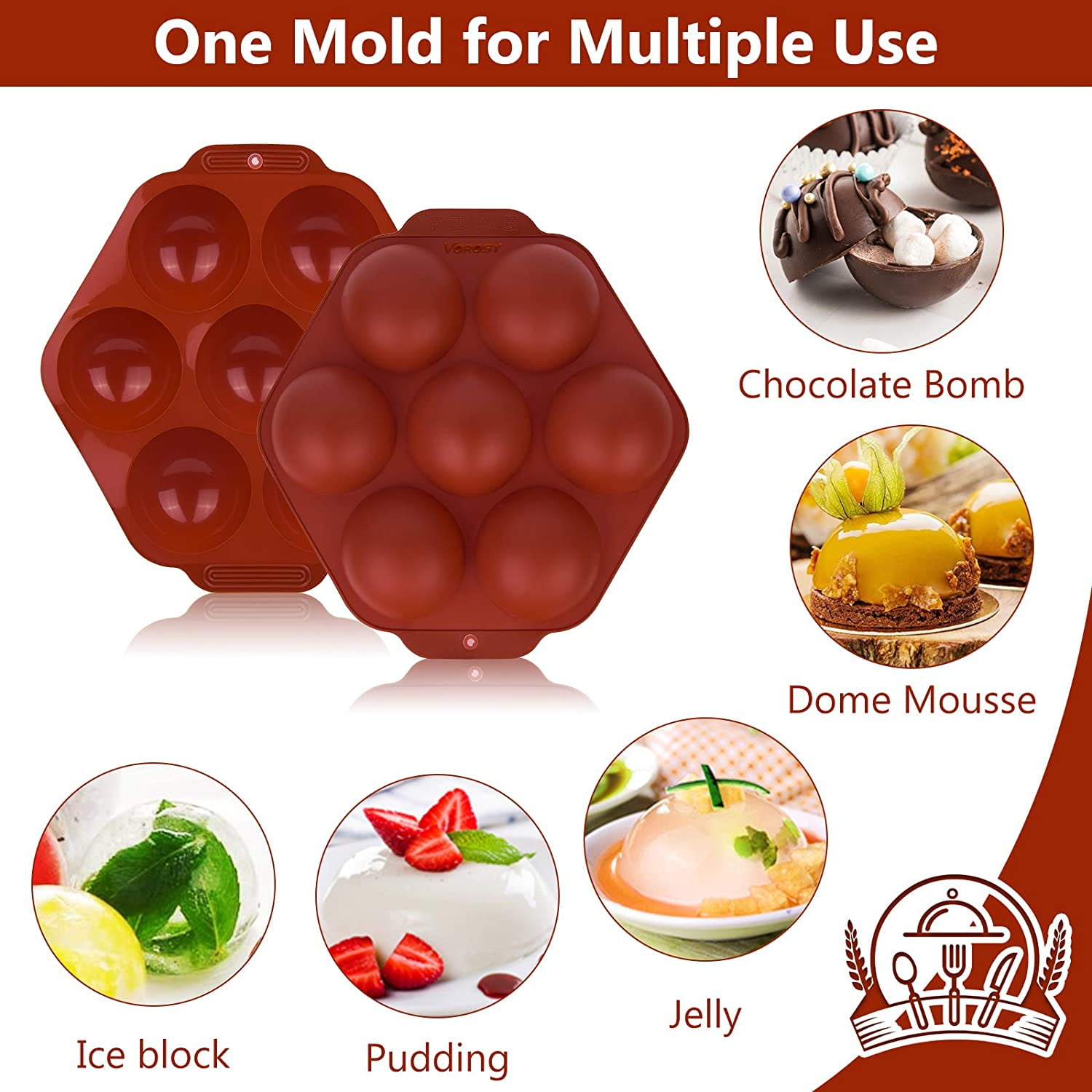 Kepooman 7 Holes Half Ball Sphere Silicone Baking Molds for Chocolate Cake, Set of 2, Red Kepooman 7 Holes Half Ball Sphere Silicone Baking Molds for Chocolate Cake, Set of 2, Red
