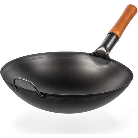 Carbon Steel Wok Pan - 14 in Woks and Stir Fry Pans - Chinese Wok with Round Bottom Wok - Traditional Chinese Japanese Woks - Black Steel Wok