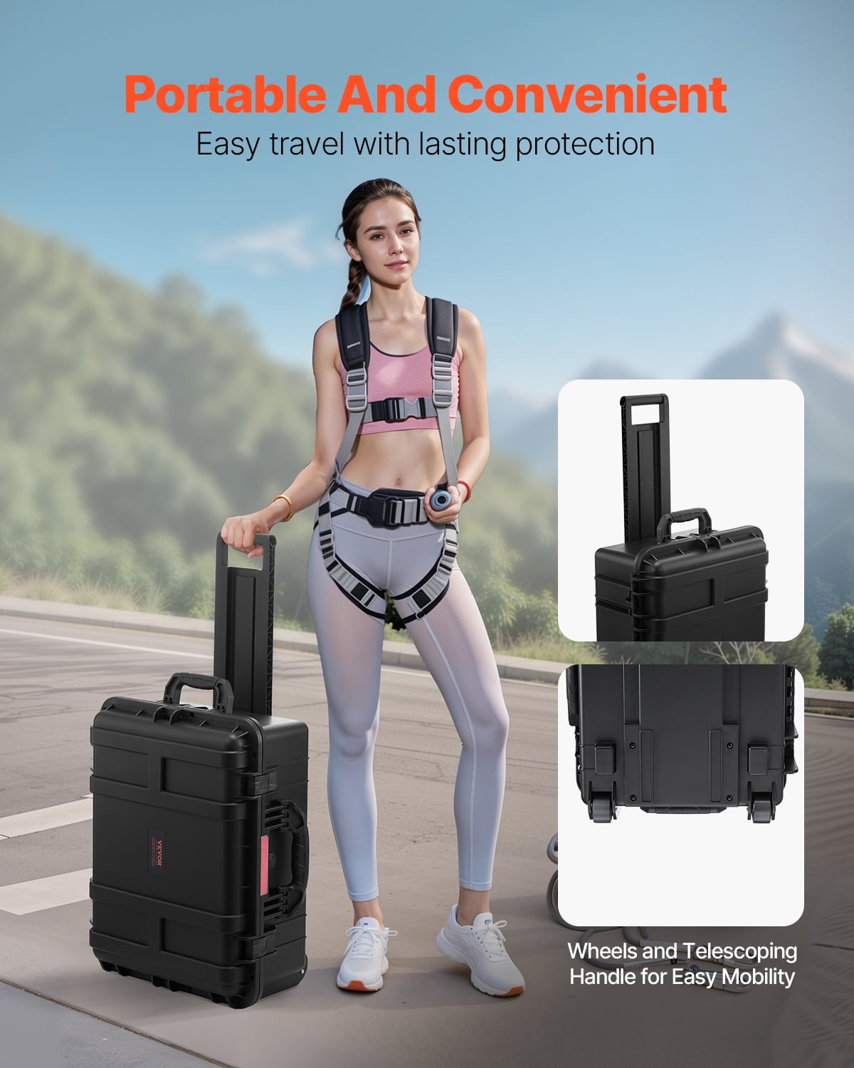VEVOR Weatherproof Hard Case, Heavy Duty Protective Dry Box Case with Pre-Cut Foam, Wheels & Retractable Pull Handles for Travel, Hunt, Military, Tactical, IP67 Waterproof Case for Cameras(57x45x28)