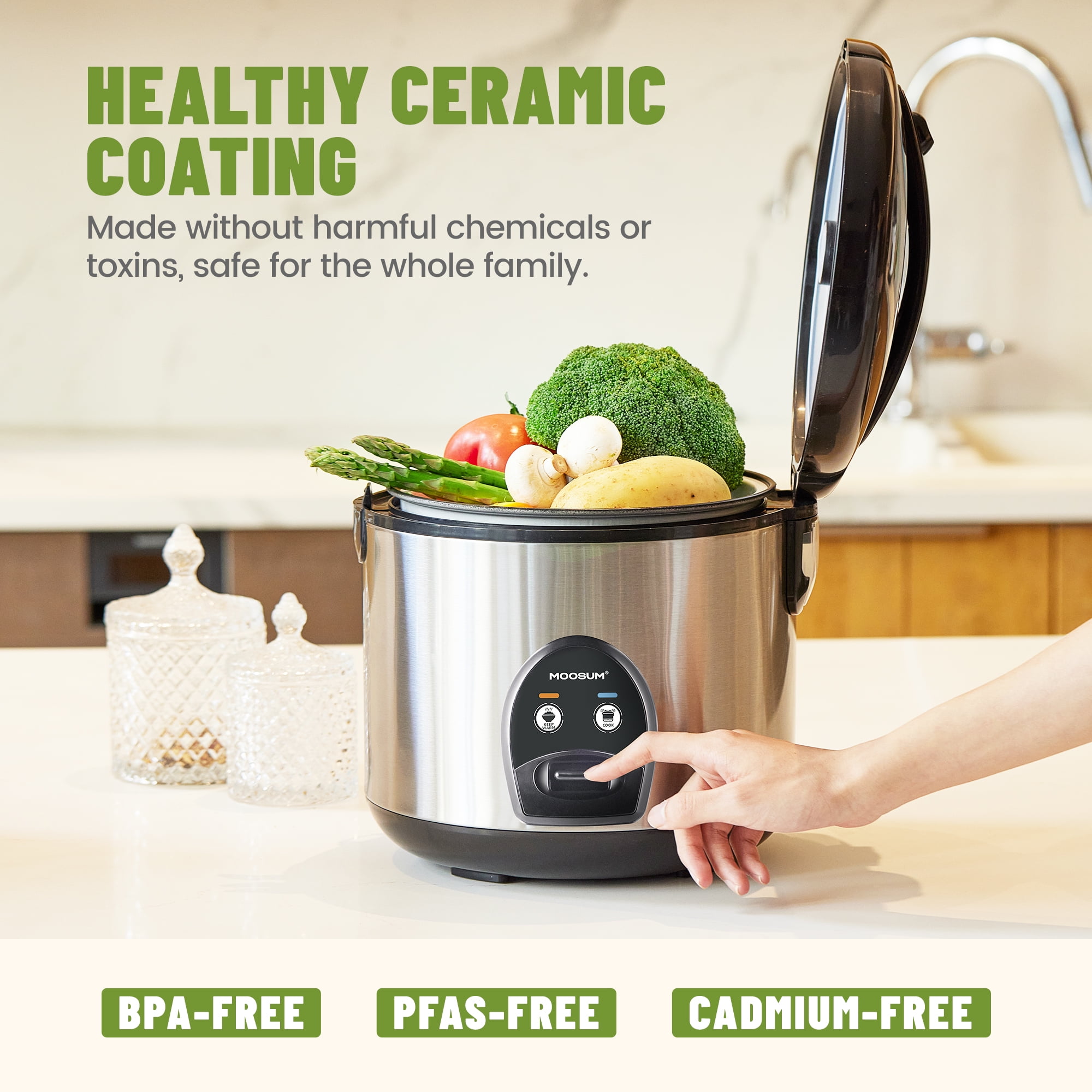 MOOSUM Electric Rice Cooker with One Touch for Asian Japanese Sushi Rice, 5-cup Uncooked, Fast&Convenient Cooker with Steamer, Removable Inner Cover and Auto Warmer, Stainless Steel