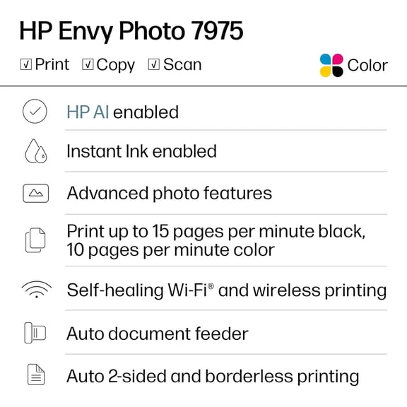 Envy Photo 7975 Wireless Color Inkjet Printer for Home with AI Features and Mobile Printing