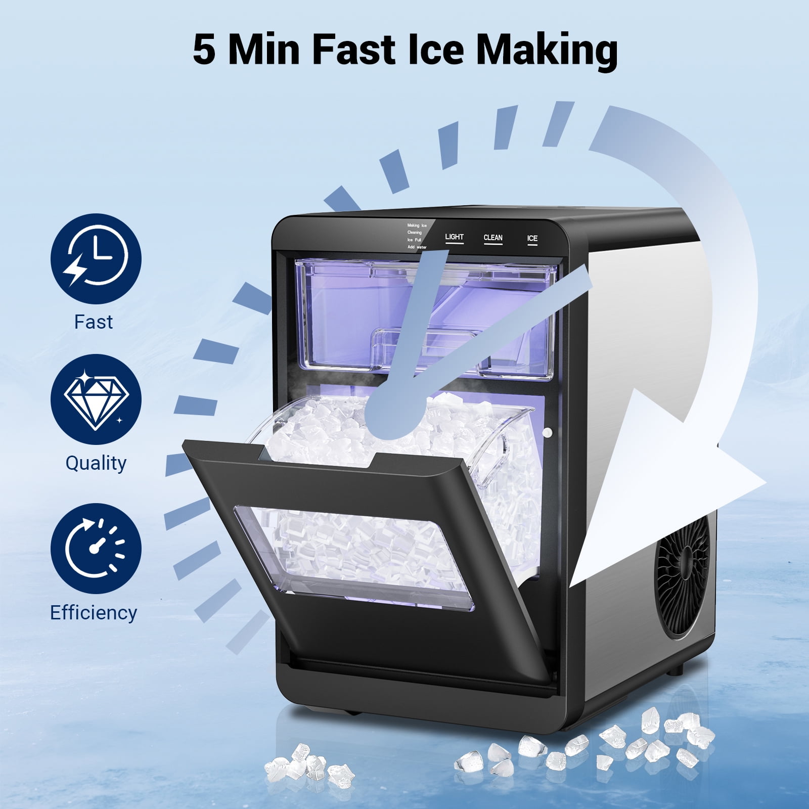 Joreek 44lbs/24H Nugget Ice Maker Countertop, Portable Chewable Pebble soft Ice Machine with Touch Screen for Home, Kitchen, Office, Stainless Steel, Black