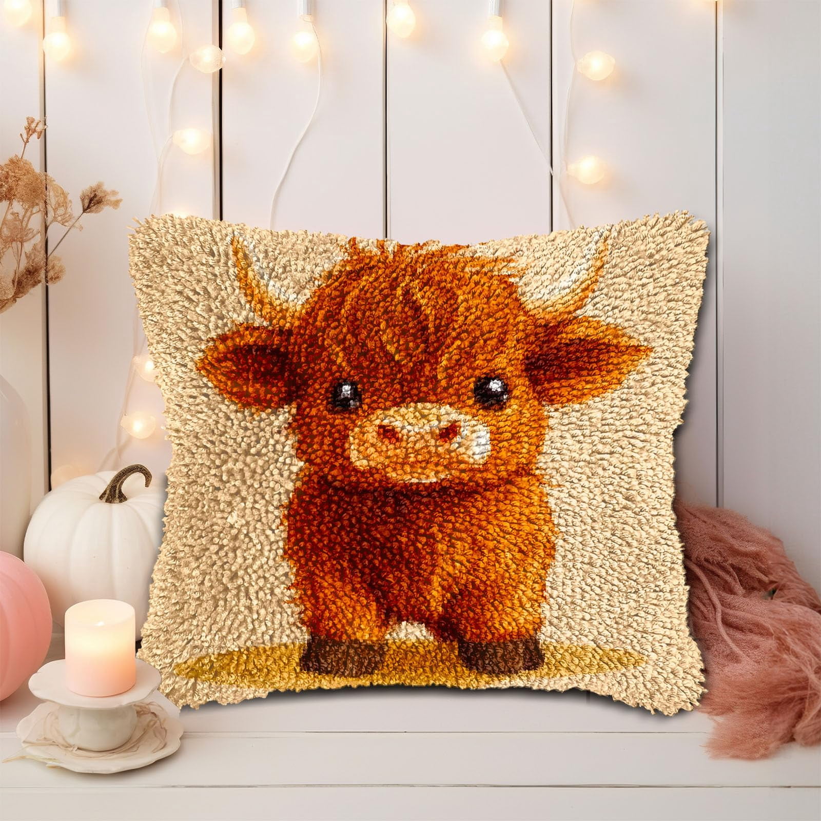 Latch Hook Pillow Kits for Adults Cute Baby Highland Cow DIY Pillow Cover Printed Pillowcase Crochet Hooking Yarns Handmade Cushion for Home Sofa Decoration 17x17inch(8)