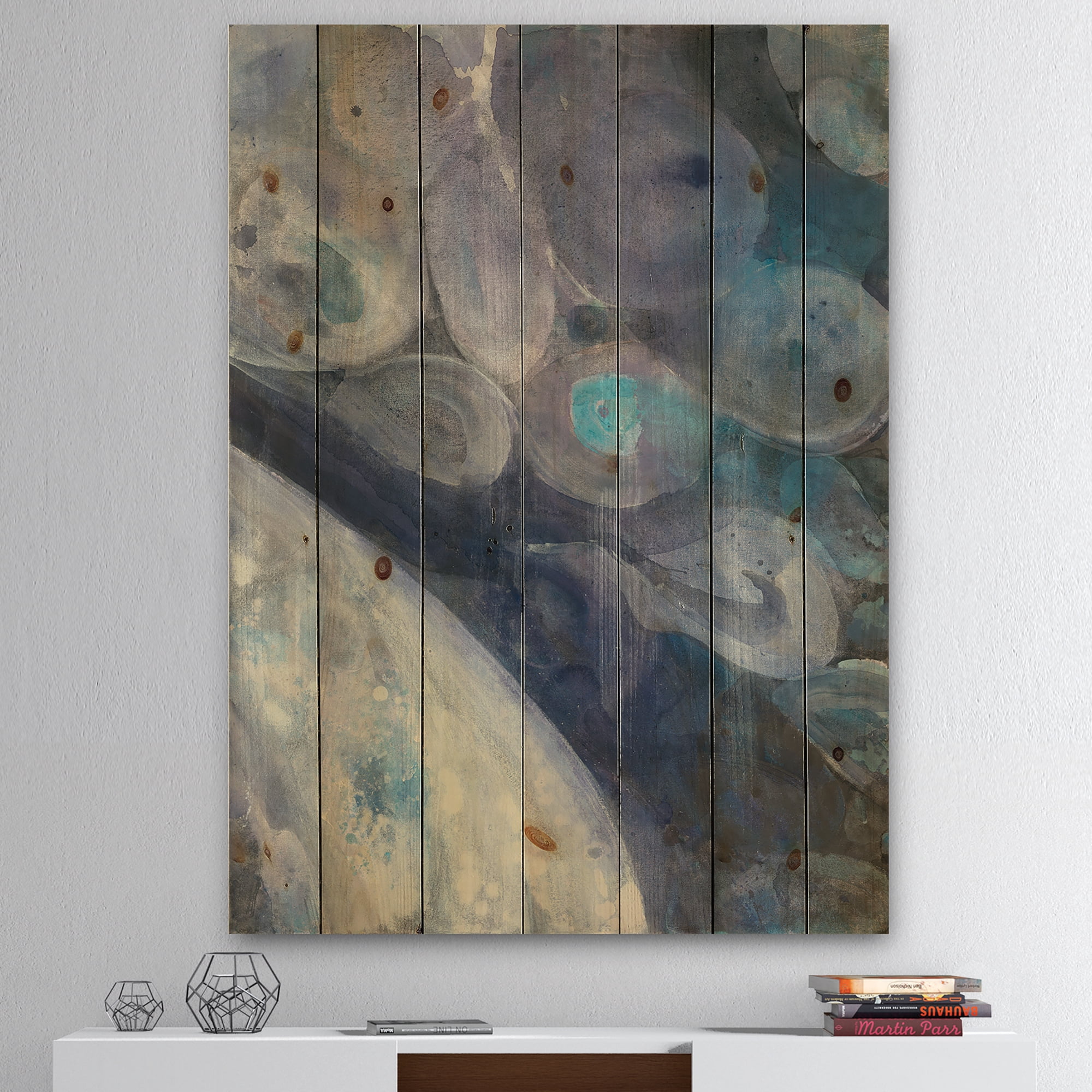 Designart 'Into The Indigo Blue Stream I' Abstract Print on Natural Pine Wood