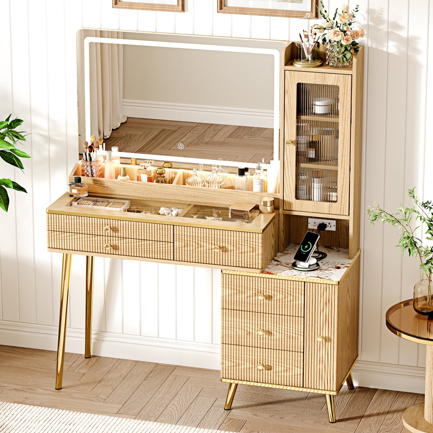 Arulvmrn 46.85" Lighted Makeup Vanity Desk, 7 Drawers, Charging Station, Oak