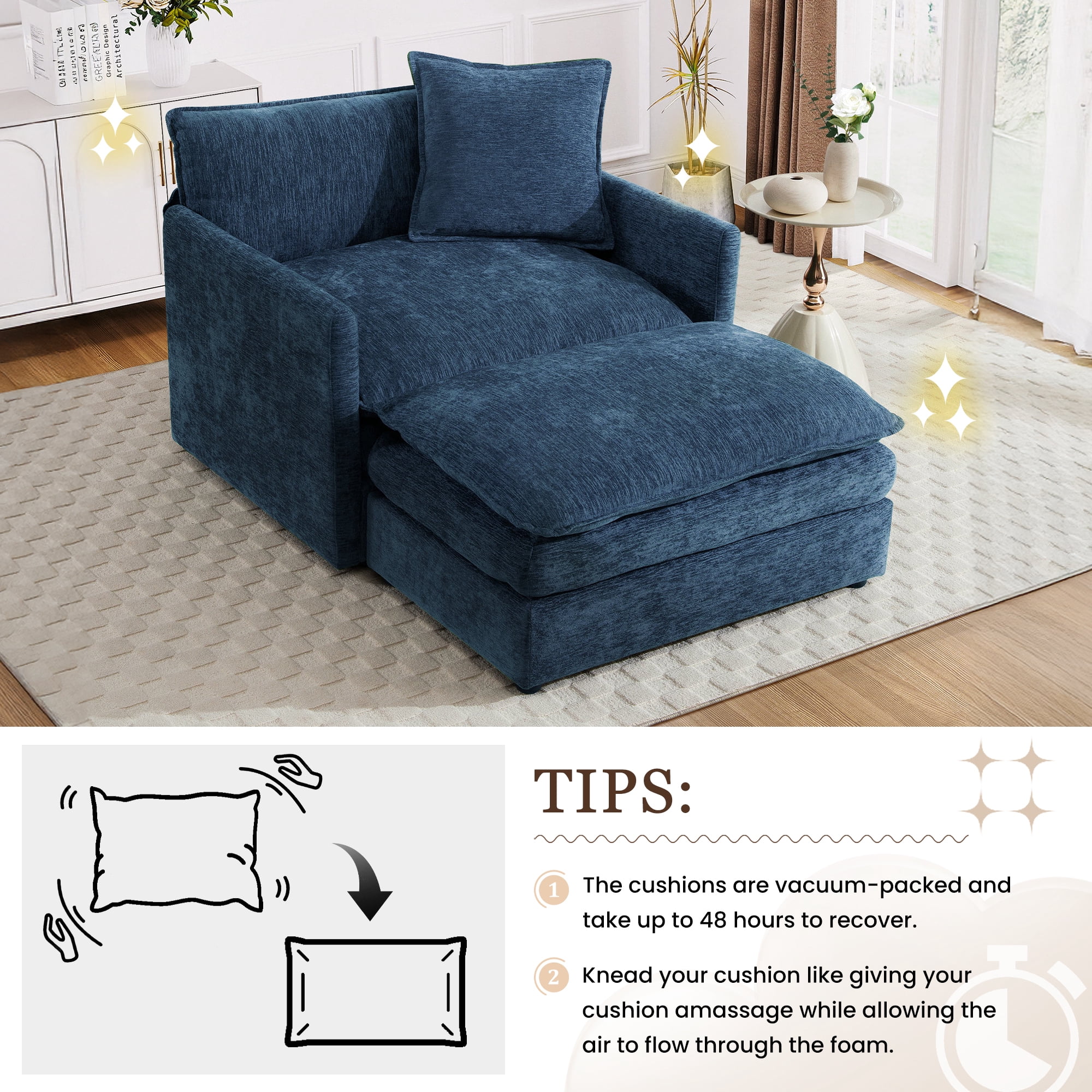 Lunale Oversized Chair with Ottoman, Reading Accent Armchairs for Living Room, Bedroom, Blue Chenille