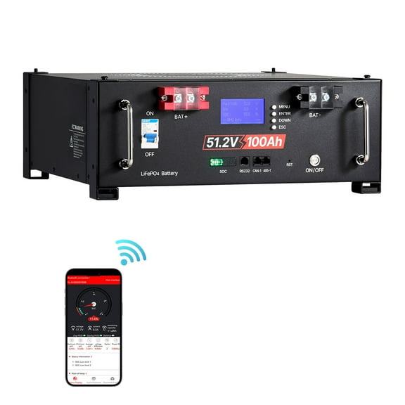 KFFKFF 48V 100Ah LiFePO4 Lithium Battery with Integrated 100A BMS, 51.2V Server Rack Design, Bluetooth Monitoring, 5.12kWh Capacity, Up to 6000 Cycles, LCD Screen, Ideal for Off-Grid, Solar Systems
