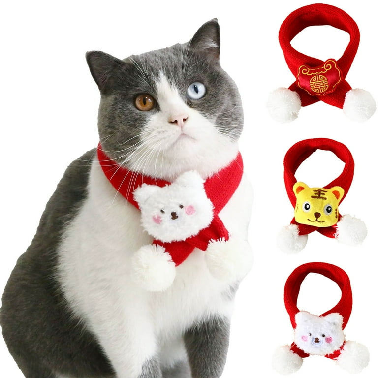 Walbest Pet Cat Chinese New Year Scarf Cute Festive Tang Suit Furry Collar  with Red Pocket Gold Red Necktie Chinese New Year Costume for Cat Dog Puppy