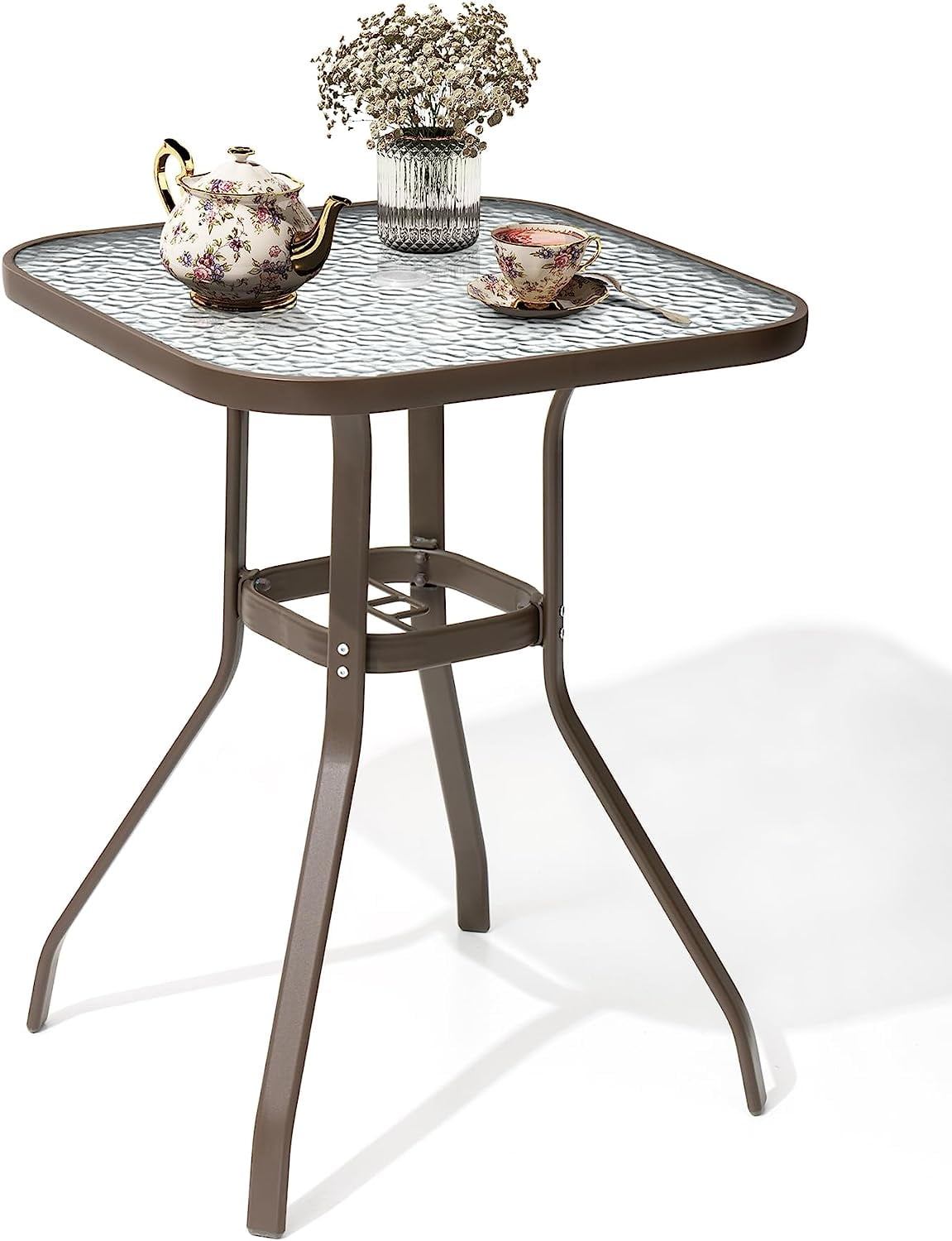 Outdoor High Dining Bistro Table Tempered Glass Top with Umbrella Hole