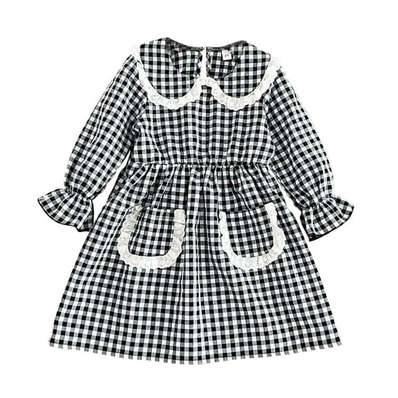 IVEYRTF Girls A Line Dress Long Sleeve Round Neck White Checkered Comfortable Soft Breathable Fabric Everyday Wear for Daily Travel Home Holiday Birthday Party Outfits(Black,2-3 Years)