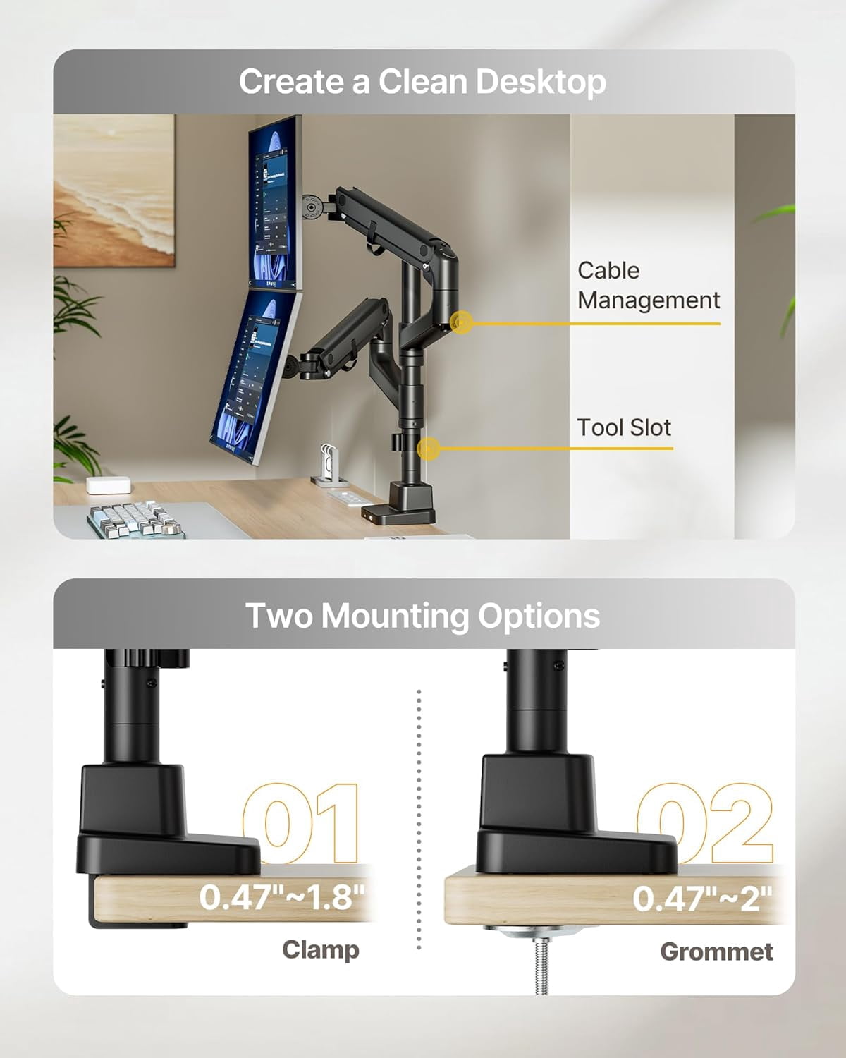 monTEK Dual Monitor Arm for 17–57 in Ultrawide Screens, Heavy Duty Gas Spring Desk Mount Holds 59.4 lb per Screen, Vertical Stackable Adjustable Stand, VESA 75x75/100x100, Clamp & Grommet, Black