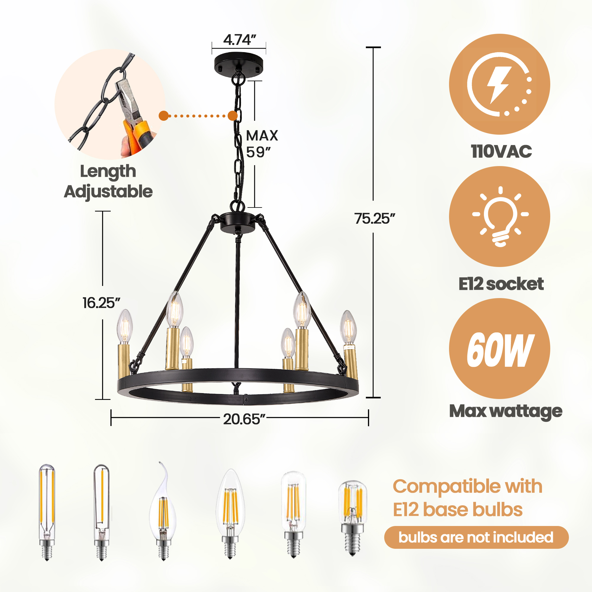 LovingAHome 6-Lights Gold Industrial Wagon Wheel Chandelier Light Fixture for Foyer Dining Room Kitchen Living Room Entryway