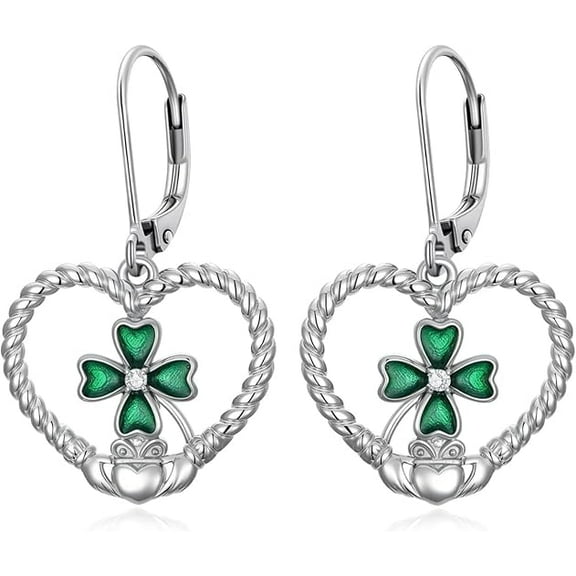 CACA LADY St Patricks Day Shamrock Dangle Earrings 925 Sterling Silver Claddagh Four Leaf Clover Earrings Irish Jewelry Gifts for Women