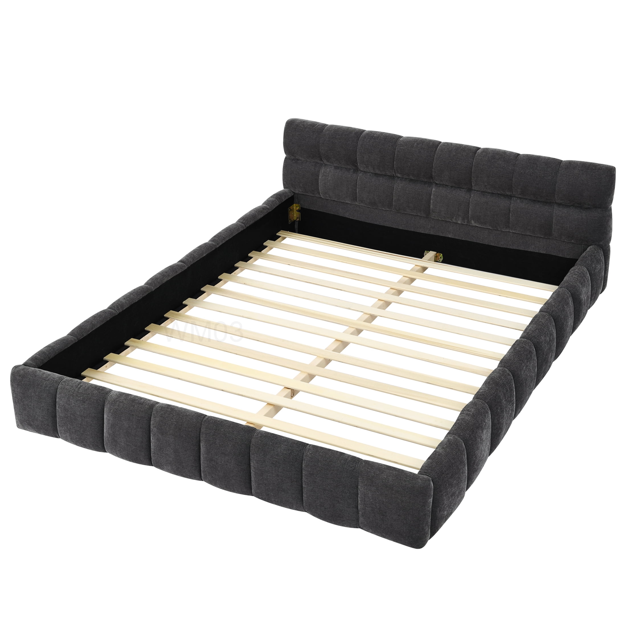 Modern Upholstered Queen Bed Frame with Headboard, Dark Grey Chenille Fabric, Sturdy Platform Base, No Box Spring Needed