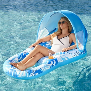 Joyfy Pool Lounge Float with Canopy for Adult, Inflatable Pool Floats Lounger Raft Floaties Water Floating Recliner Chair with Cup Holders Foot Rest Swimming Pool Floaty