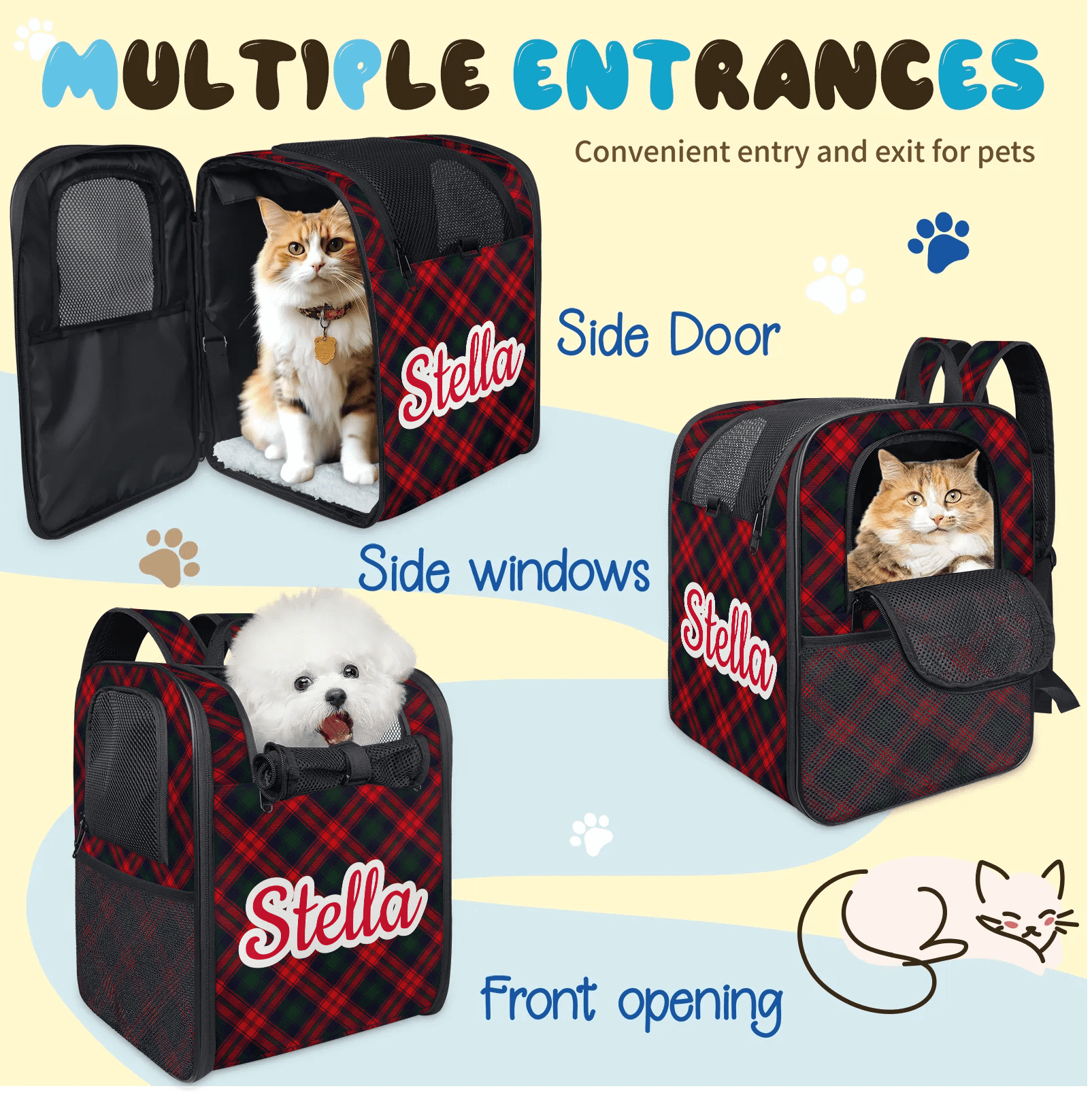Dog Carrier Backpack for Small Dogs Cats Puppies,Customized Pet Carrier Backpack with Name,Pet Backpack Bag with Ventilation Mesh and Safety Leash Removable Mat for Hiking, Travel, Outdoor