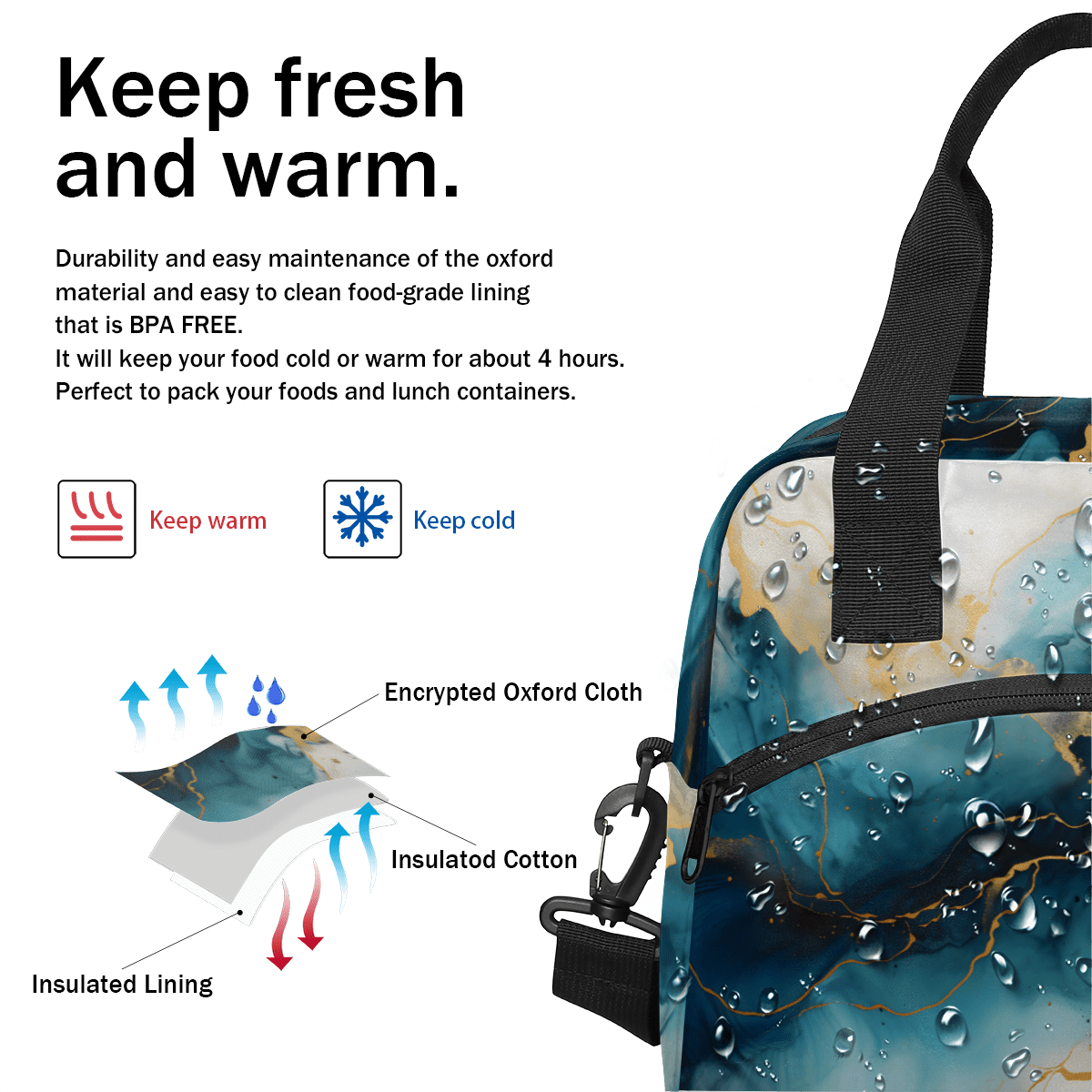 Herdesigns Dark Blue Marble Insulated Lunch Bag for Women Men Adults Large Reusable Lunch Box Leakproof Portable Cooler Tote Bags with Adjustable Shoulder Strap