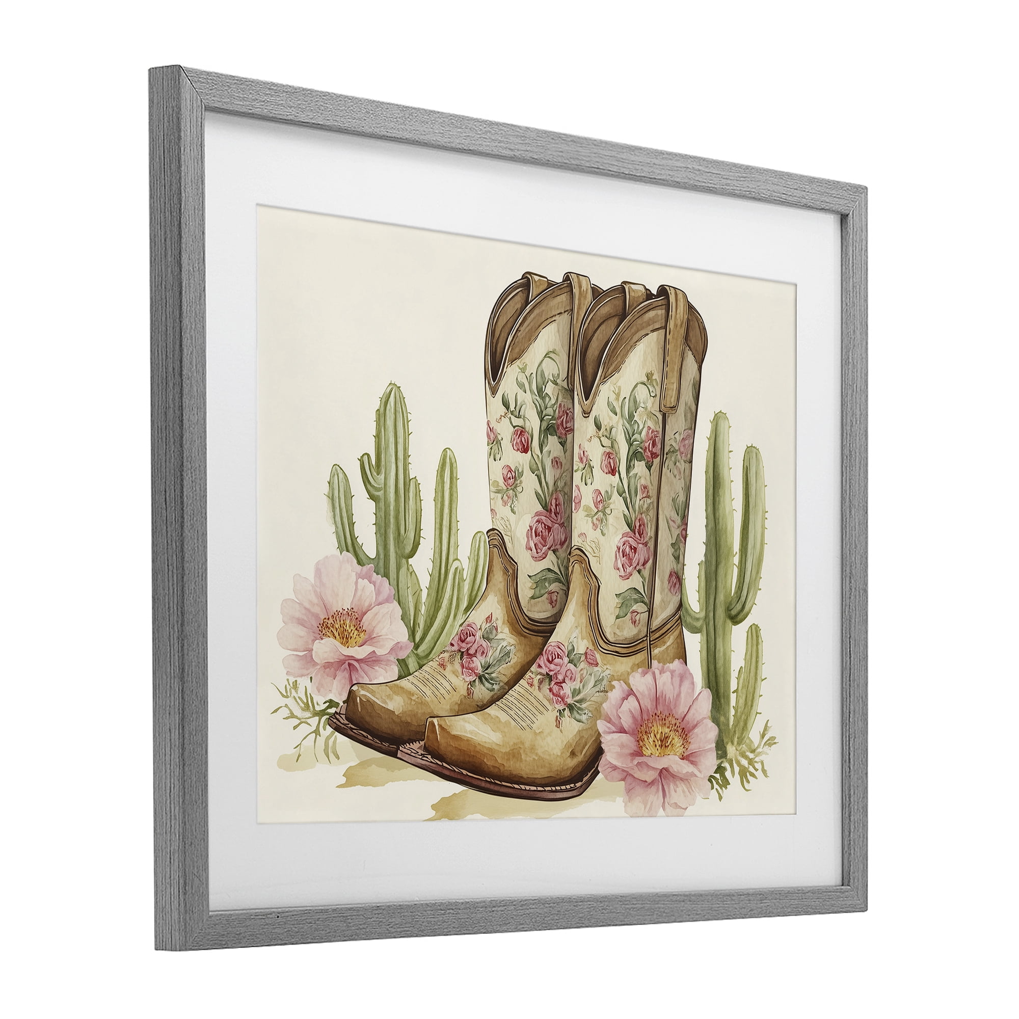 Stupell Industries Floral Boots & Cactuses Gray Framed Print Under Glass, design by Heidi Kuntz
