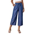 thumbnail image 2 of Capris for Women with Pockets Petite Pants Drawstring Casual Pull on Palazzo Trousers with Pockets Loose High Waisted Wide Leg Lounge Pants Blue S, 2 of 9