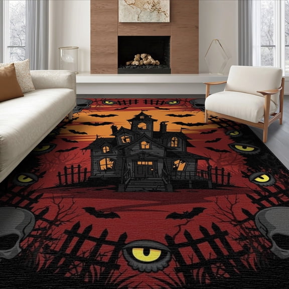 ODIKA 8'x10' Washable Area Rug Non-Shedding, Easy Care, Eerie Spooky Bats Gothic Skull Motif Halloween Flowing Dynamic for King Size Bedroom Under Bed, Master Suite