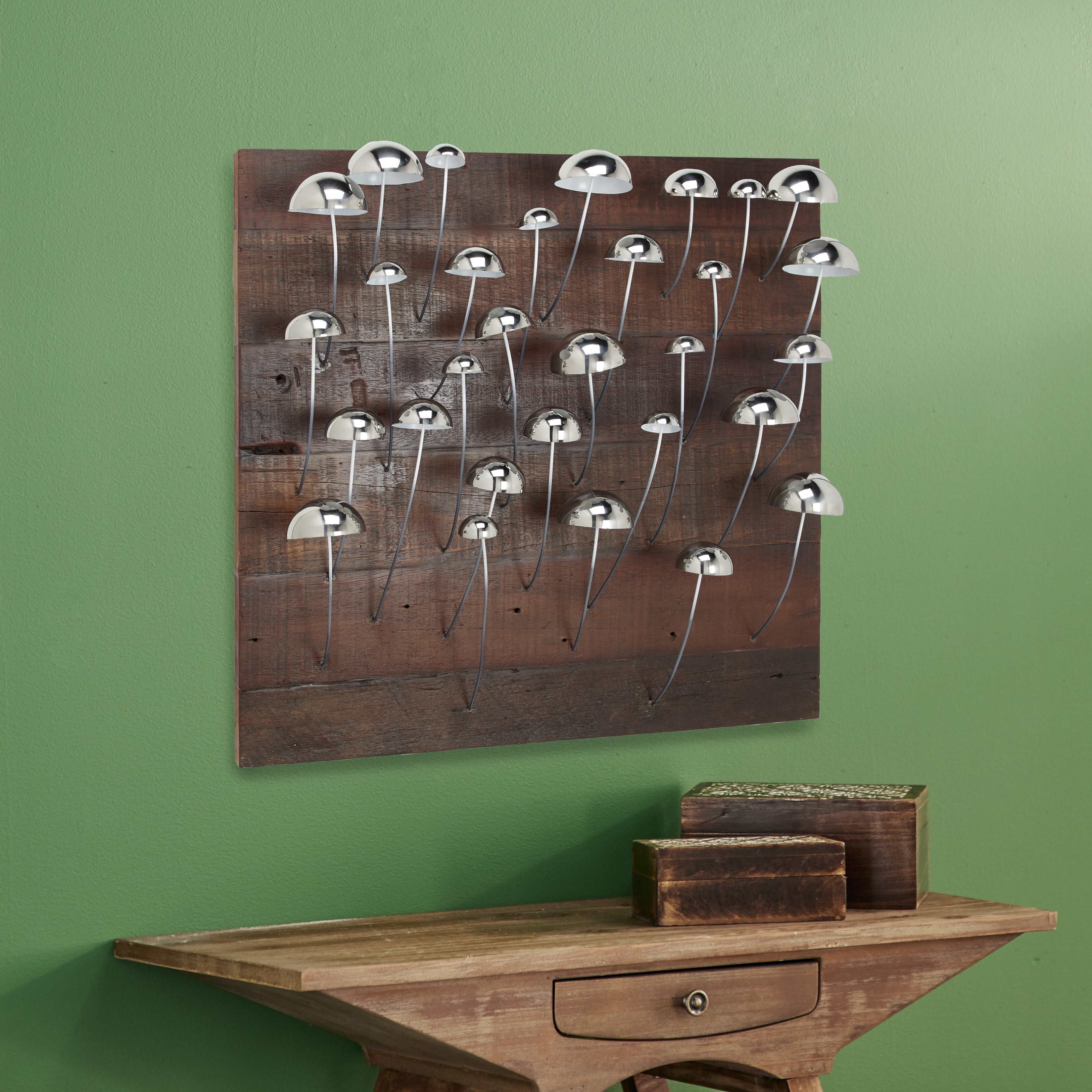Decmode Large 32 Square Reclaimed Wood Silver Metal Mushrooms Wall Decor Walmart Com Walmart Com