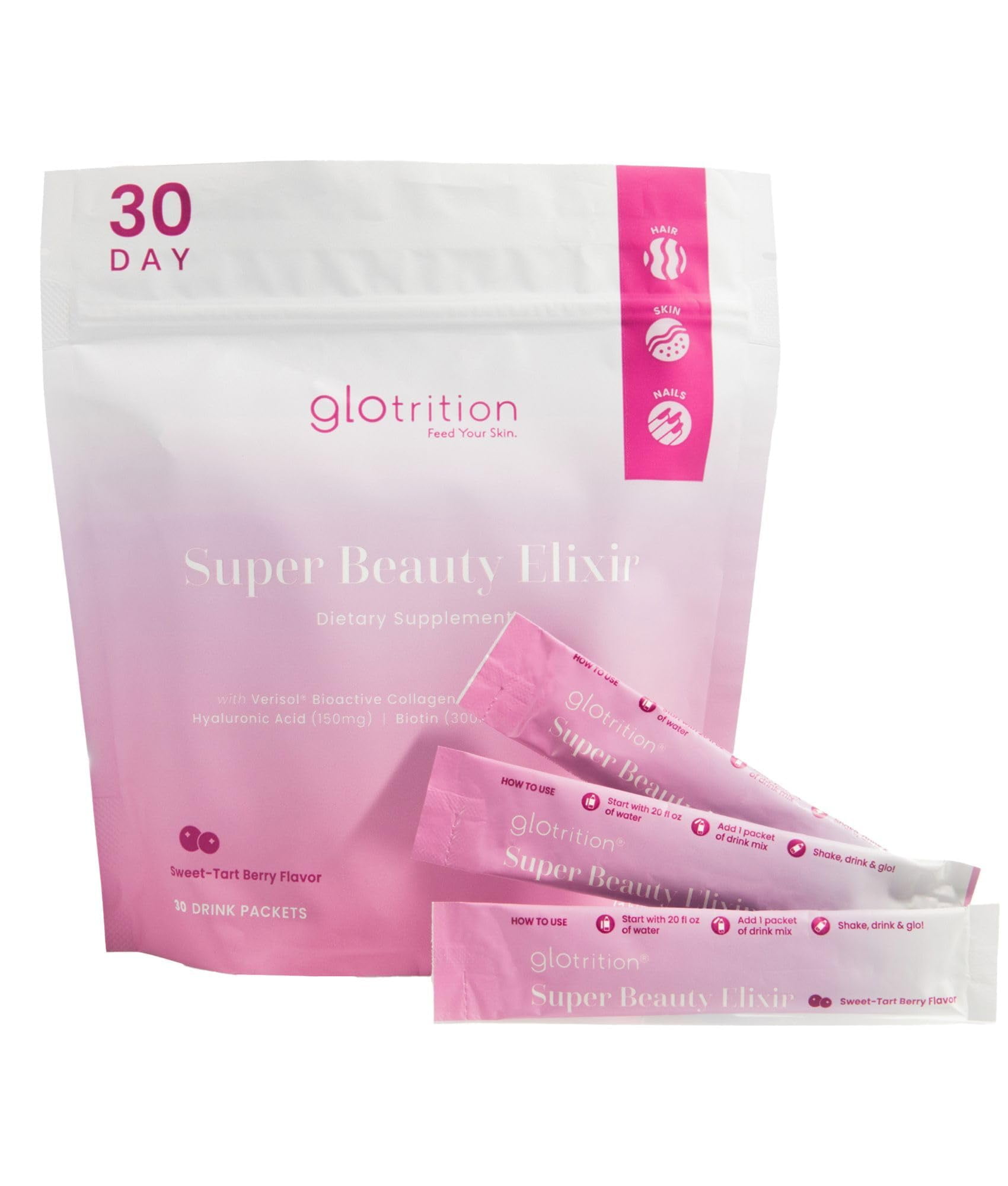 Glotrition Glotrition Super Beauty Elixir - Collagen Peptides Powder for Skin, Hair & Nail Health. Natural Grass Fed Collagen with Biotin, Hyaluronic Acid & Antioxidants (30ct)