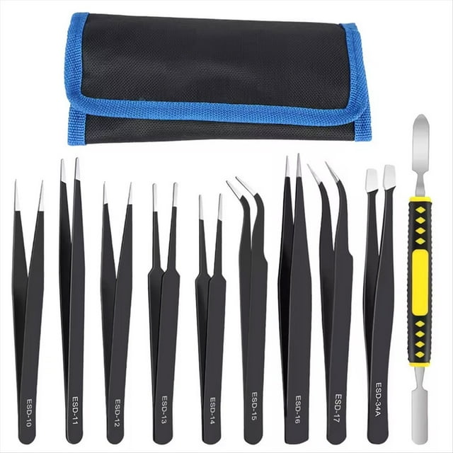 Juego de 10 Pinzas de Precisión ESD, Herramientas Antiestáticas, Puntas Curvas y Rectas para Electrónica, Joyería y Reparaciones Industriales.