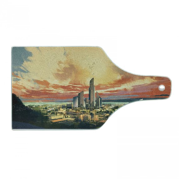 Cityscape Cutting Board, Modern City by Harbor with Sailing Yacht Skyscrapers Painting Style Print, Decorative Tempered Glass Cutting and Serving Board, Wine Bottle Shape, Multicolor, by Ambesonne