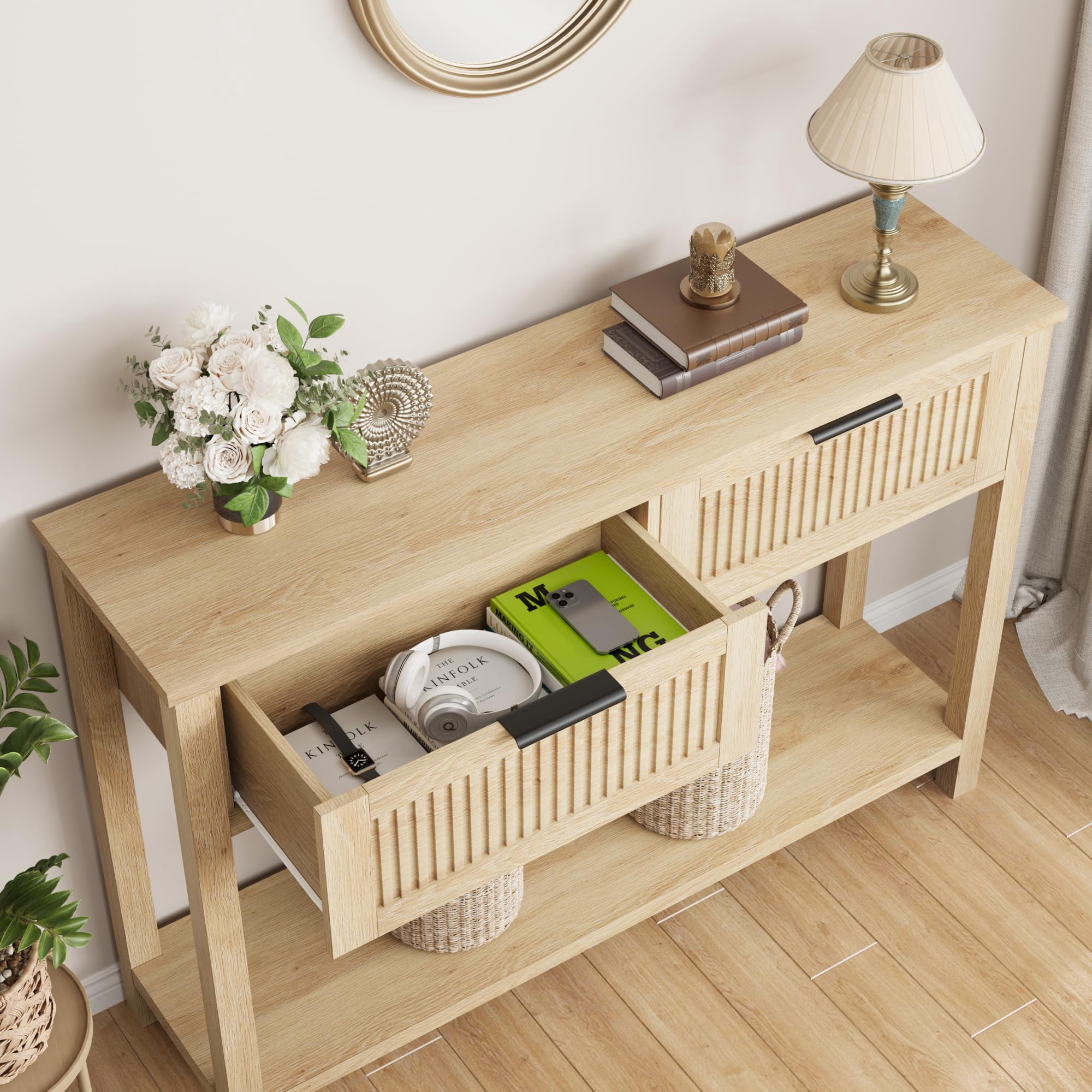 Accreate Fluted Entryway Table with 2 Drawers, Console Table for Entryway, Wooden Sofa Table for Living Room, Foyer