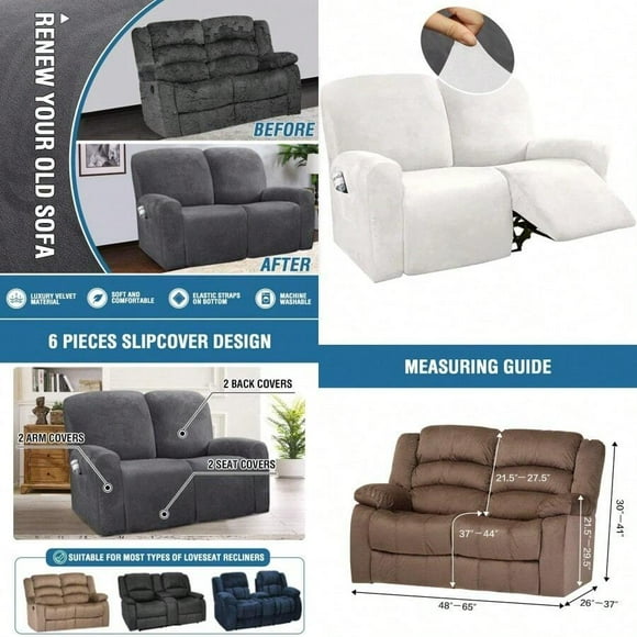 LightInTheBox Housse de Causeuse Inclinable 6 Pcs Housse de Canapé à Double Inclinaison Housses de Causeuse Extensibles en Tissu Végétal Protecteur de Meuble de Sofa Housses de Sofa pour Salon