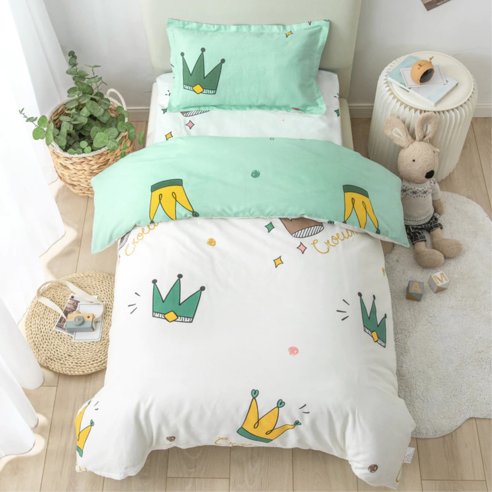 3pcs Crib Bedding Set 100% Cotton Baby Bedding For Girls Boys Crown Pattern Grey 