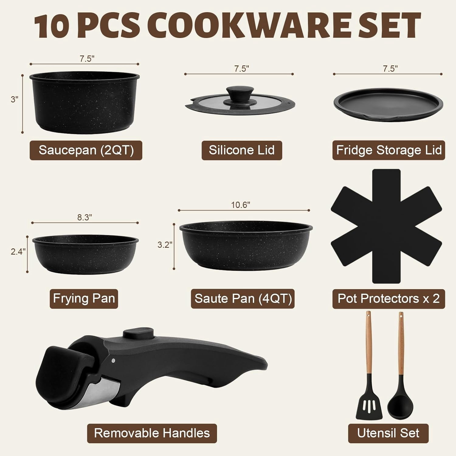 10-Piece Pots and Pans Set with Detachable Handles, Non-Stick Ceramic Cookware for Induction, RV, Oven Safe