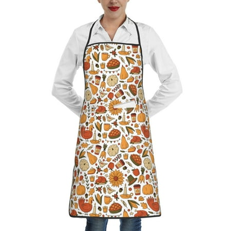 

Qekee Thanksgiving with Food Print Adjustable Bib Apron Resistant with Pocket Cooking Kitchen Aprons for Women Men Server Chef Apron