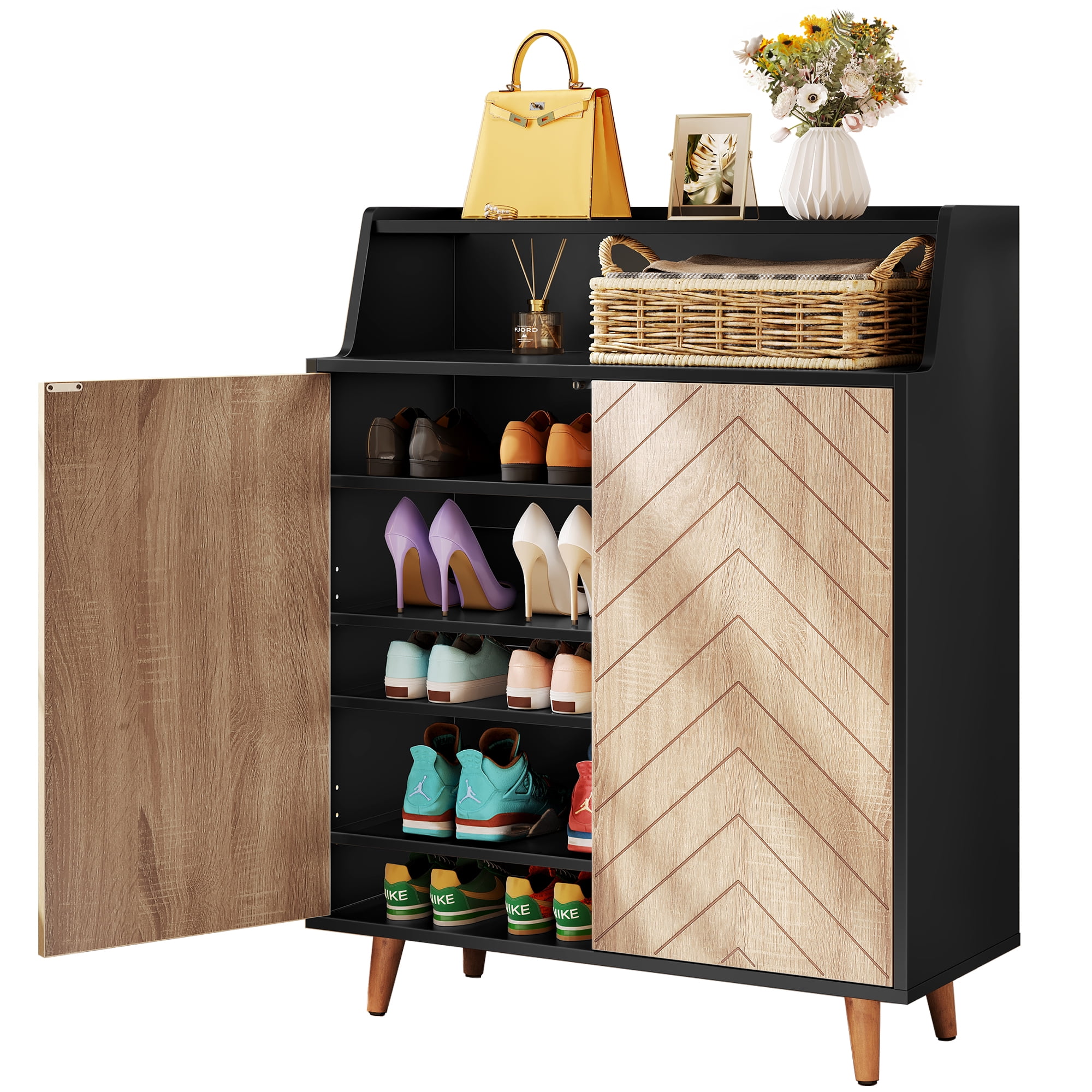 Dextrus 5-Tier Shoe Cabinet, Modern Shoe Storage with Doors & Open Shelves, Entryway , Black
