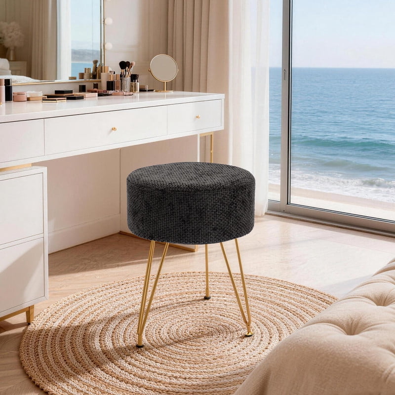 Gianna Round Ottoman, Makeup Cute Soft Small Footstool, Modern Style Faux Fur Seat with 3 Metal Legs for Dressing, Living Room Bedroom Dorm, Black