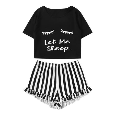 

Tangnade jackets for Women Pajamas Set Casual Clothing Suit Female Short Sleeve T Shirt Tops Shorts Black S