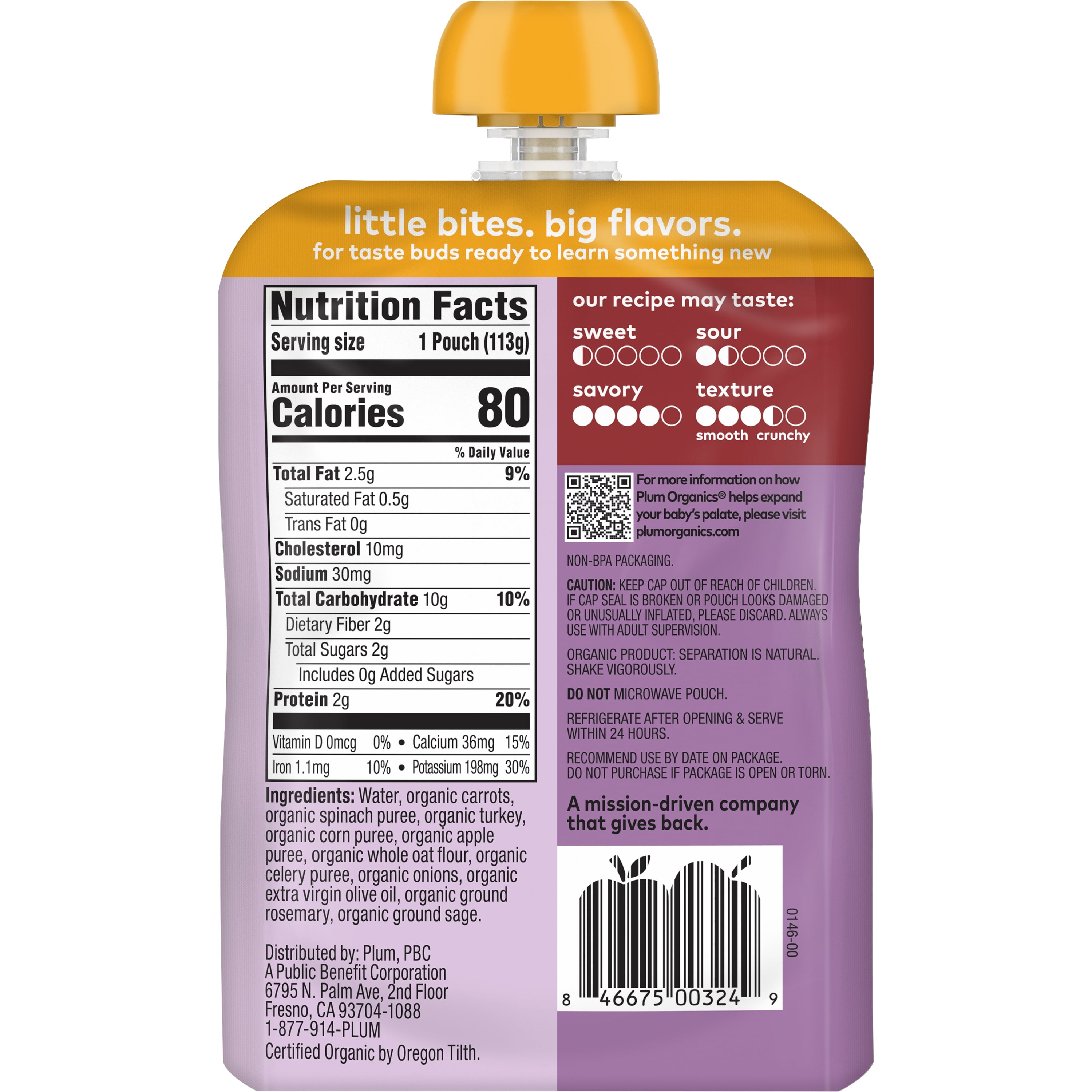 Plum Organics Stage 3 Organic Baby Food, Carrot, Spinach, Turkey, Corn, Apple and Potato, 4 oz Pouch - Case of 12
