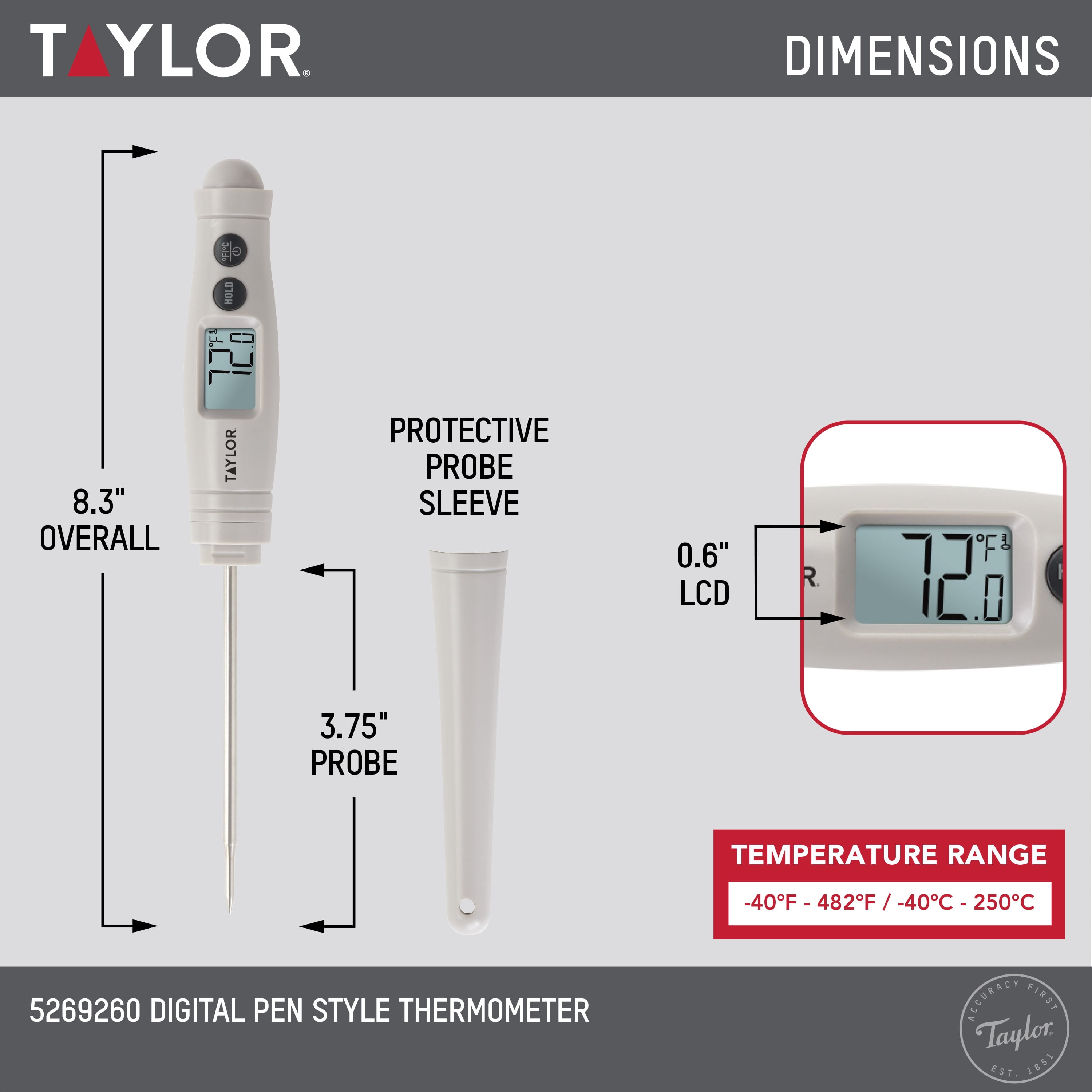 Taylor Precision Products 3519FDA Waterproof Digital Thermometer with 1.5 mm Probe, 0.88' Height, 8.5' Width, 5.0' Length