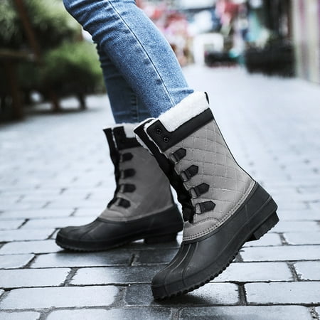 

Quilted Argyle Waterproof Snow Boots Warm Fur Lined Faux Leather Mid-calf Boots Women s Footwear