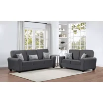 Living Room 2-Piece Sofa Set with Pillows, Fabric Upholstered Sofa and Loveseat, Round Armrest, Dark Gray