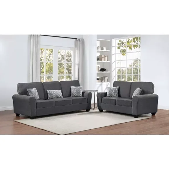 Living Room 2-Piece Sofa Set with Pillows, Fabric Upholstered Sofa and Loveseat, Round Armrest, Dark Gray