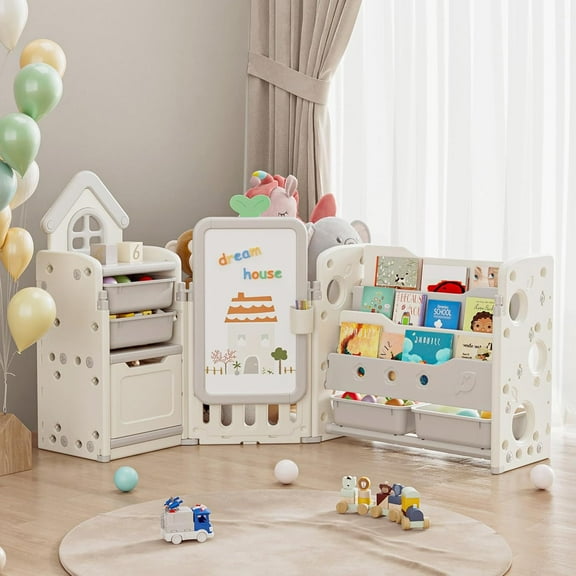 Linor Kids Toy Storage Organizer with 10 Removable Bins, Foldable Toy Organizers and 3-Tier Bookshelf, White