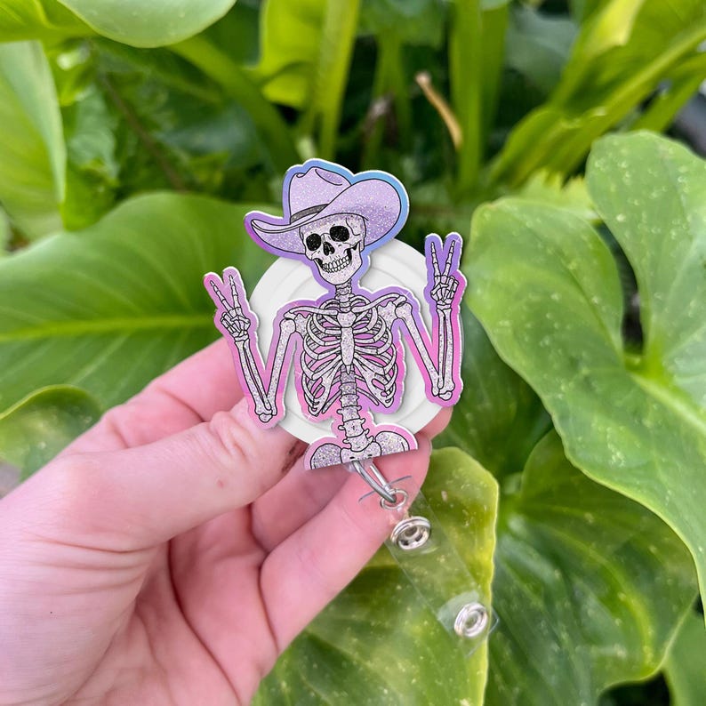 ViciArt Skeleton Cowboy Badge Reel, Acrylic Retractable ID Holder, Purple Glitter Howdy Nurse Clip